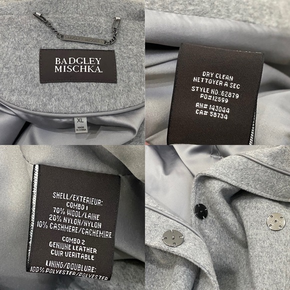 BADGLEY MISCHKA Nikki Mid Length Italian Cashmere Wool Leather Braid Coat XL - Picture 16 of 16